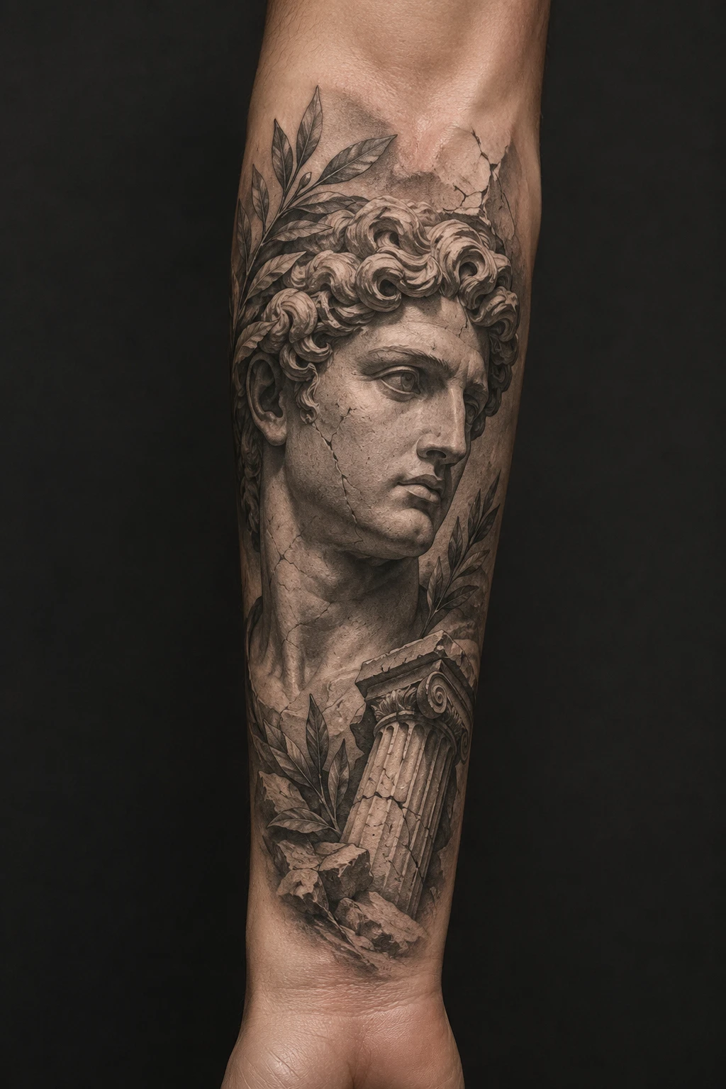 Classical warrior bust with laurel leaves and carved armour