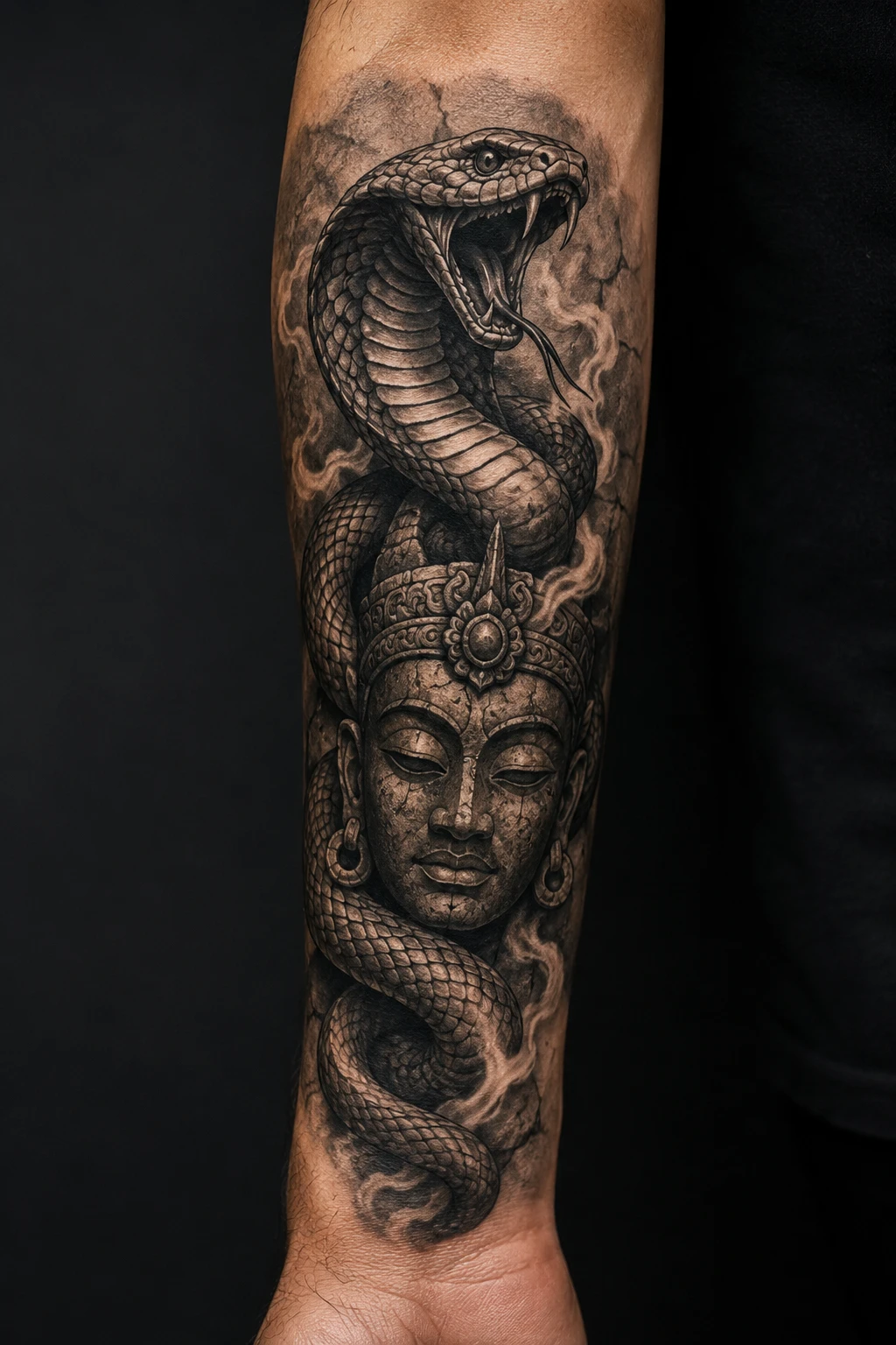 Raised cobra frames a calm Buddha portrait with temple ornament, smoke and controlled black shading.