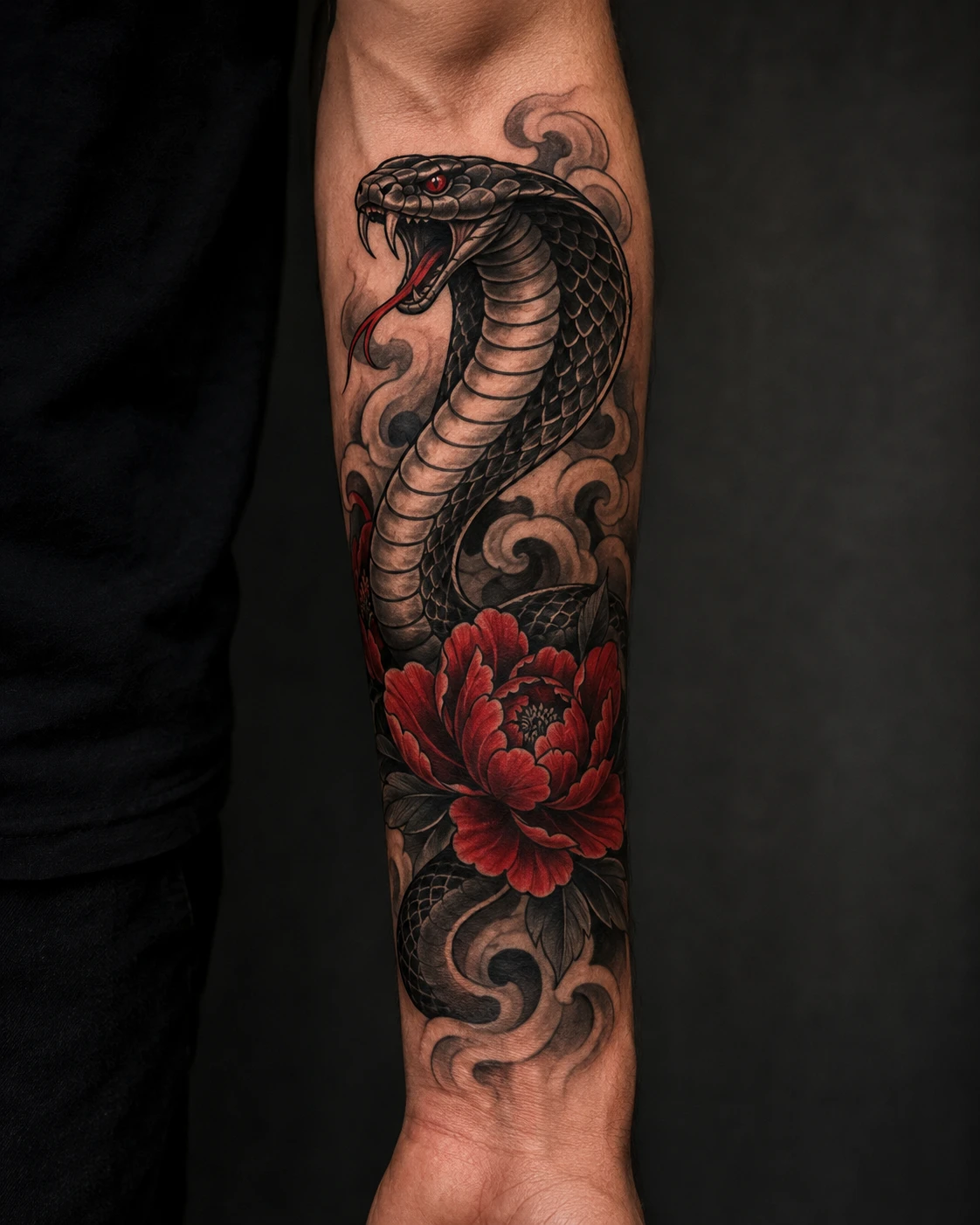 Dark cobra curves between red peonies with lifted hood, flowing leaves and traditional Japanese balance.