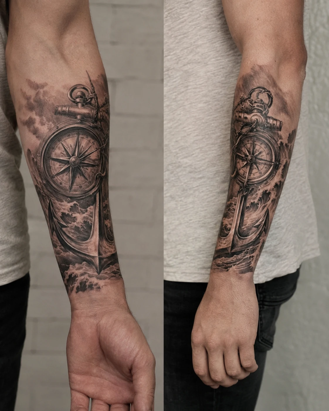 Compass and anchor tattoo surrounded by rough waves on forearm