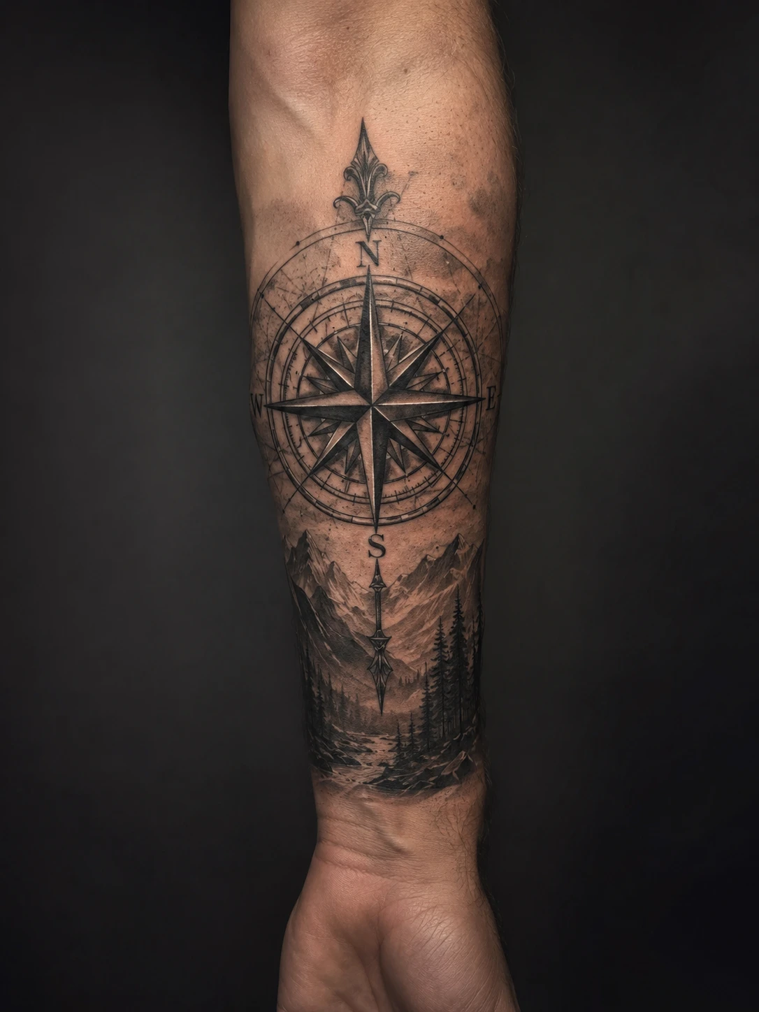 Black and grey compass rose above a pine-filled mountain valley.