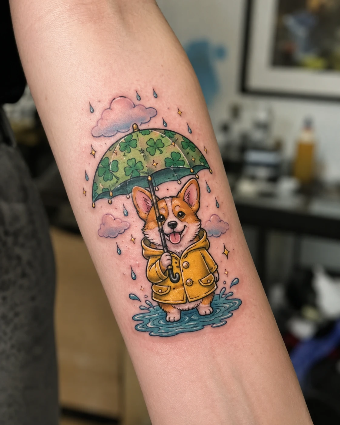 Colour forearm tattoo of a corgi in a raincoat beneath a shamrock umbrella.