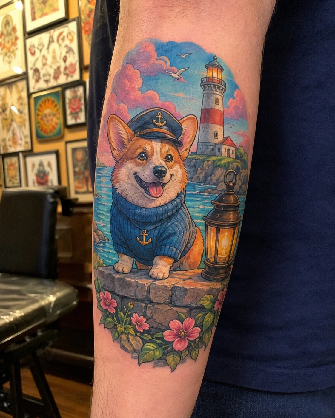 Sailor corgi with harbour lamp, striped tower and garden flowers