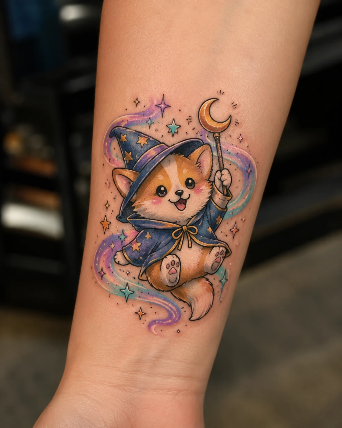 Cartoon corgi wizard tattoo with moon wand on forearm