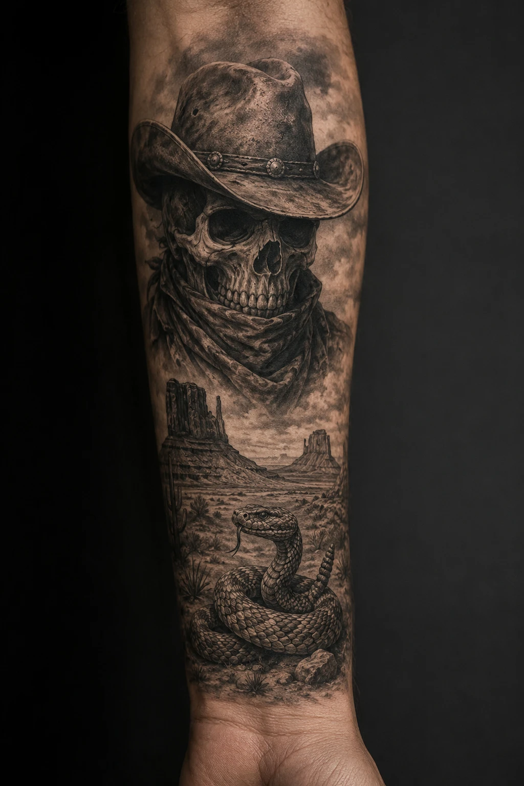 Cowboy skull and coiled rattlesnake tattoo on forearm