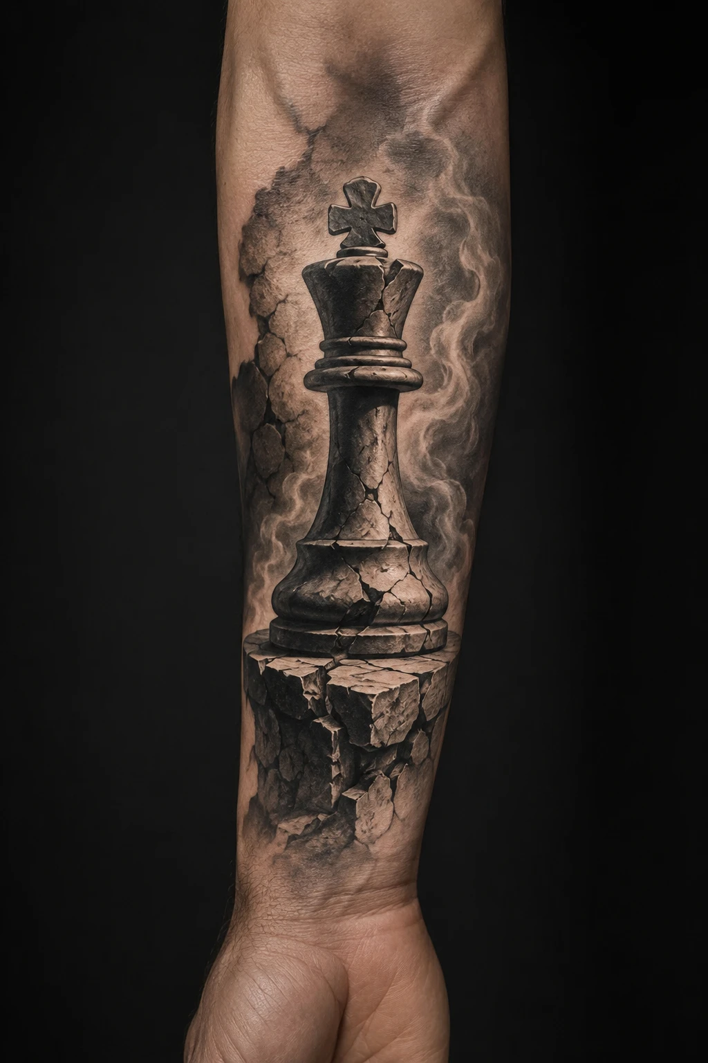 Cracked chess king standing on a shattered plinth among smoke and broken stone.