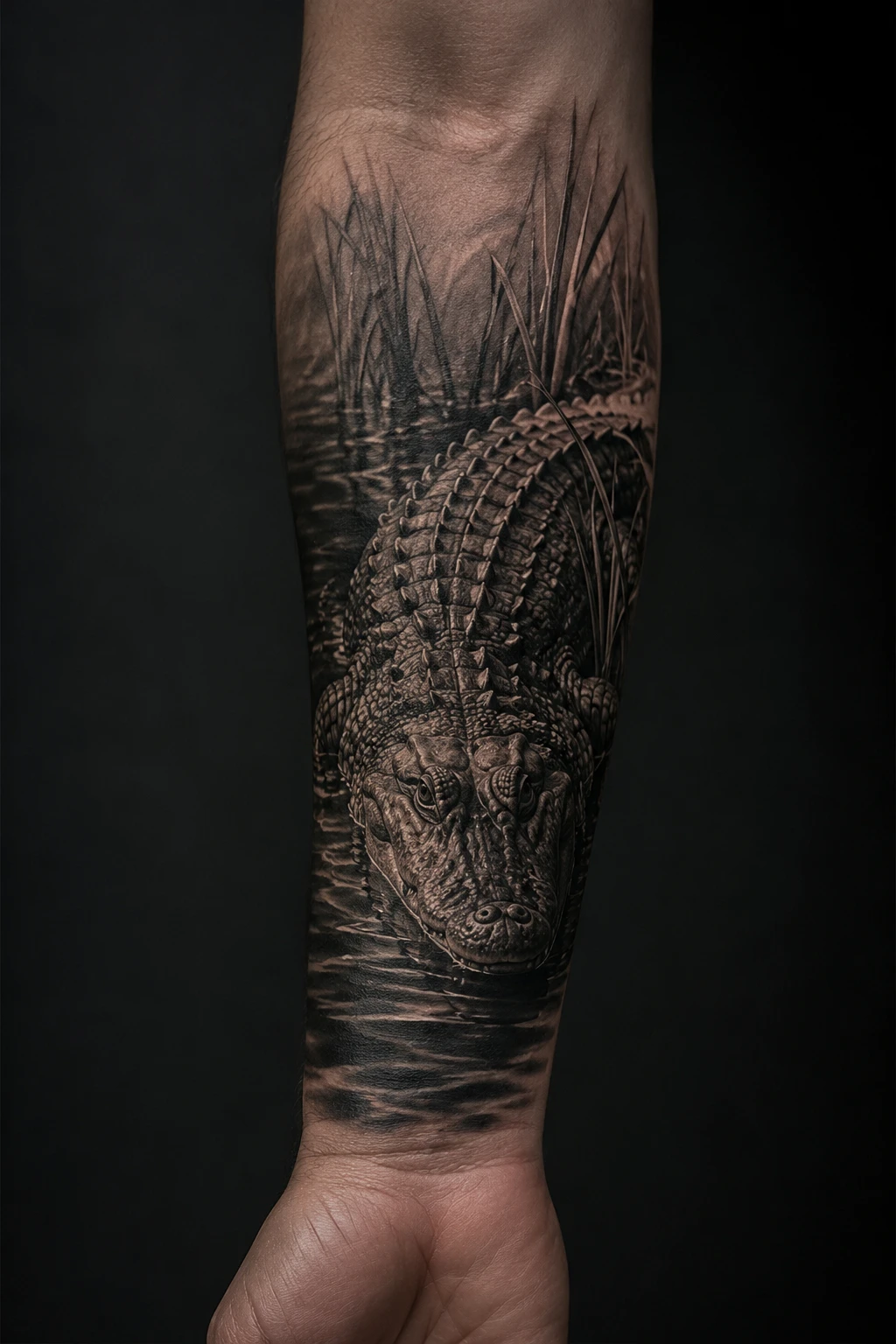 Crocodile in dark marsh water tattoo on the forearm