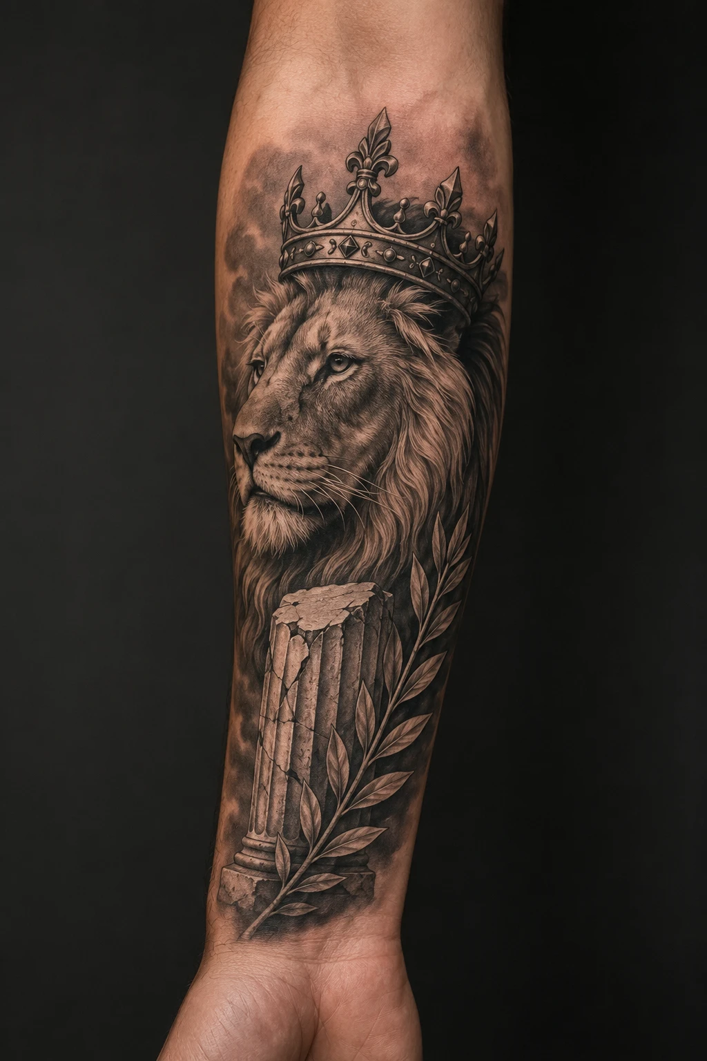 Crowned lion above a broken column with dark laurel leaves