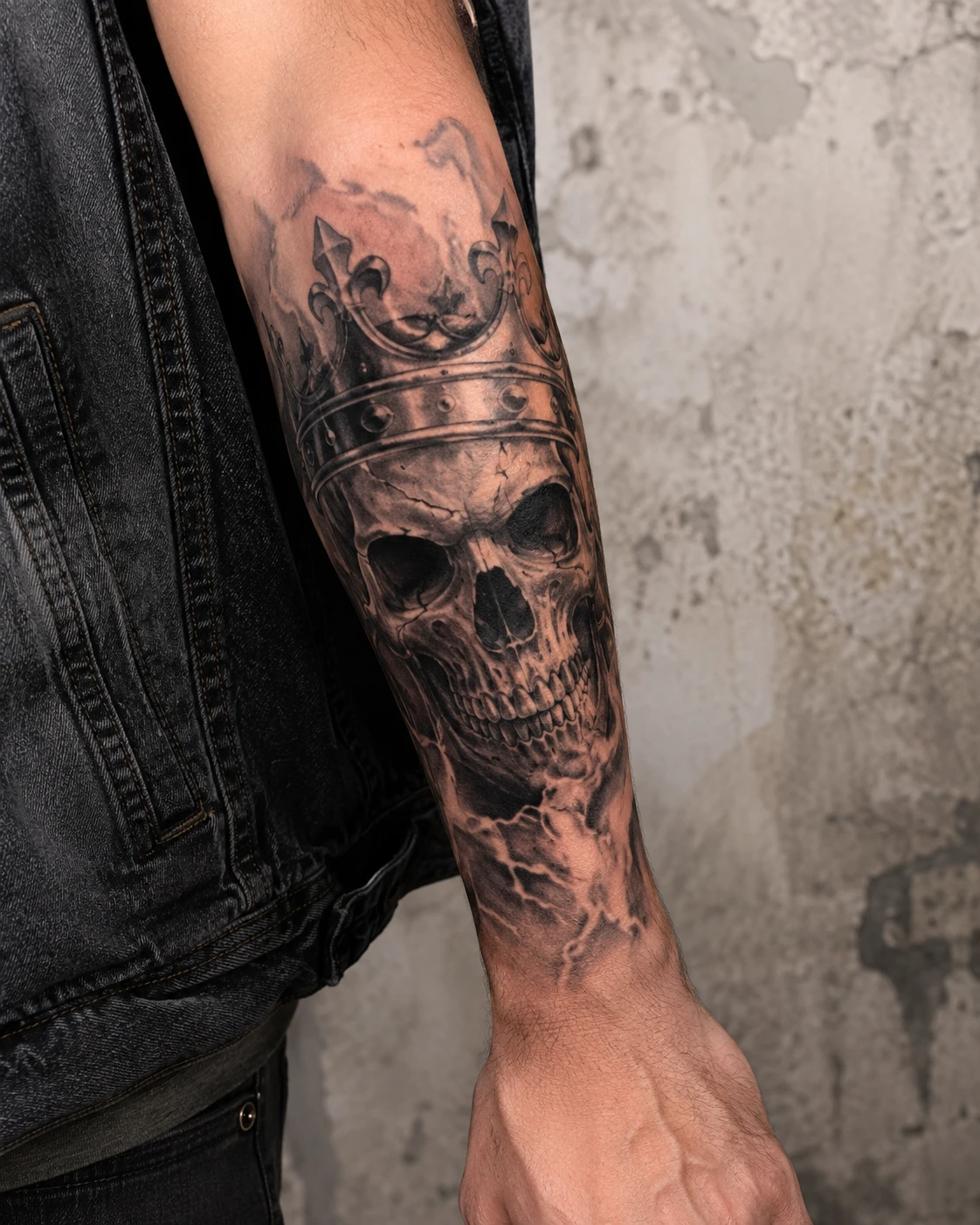 Weathered crowned skull tattoo in smoke on the forearm