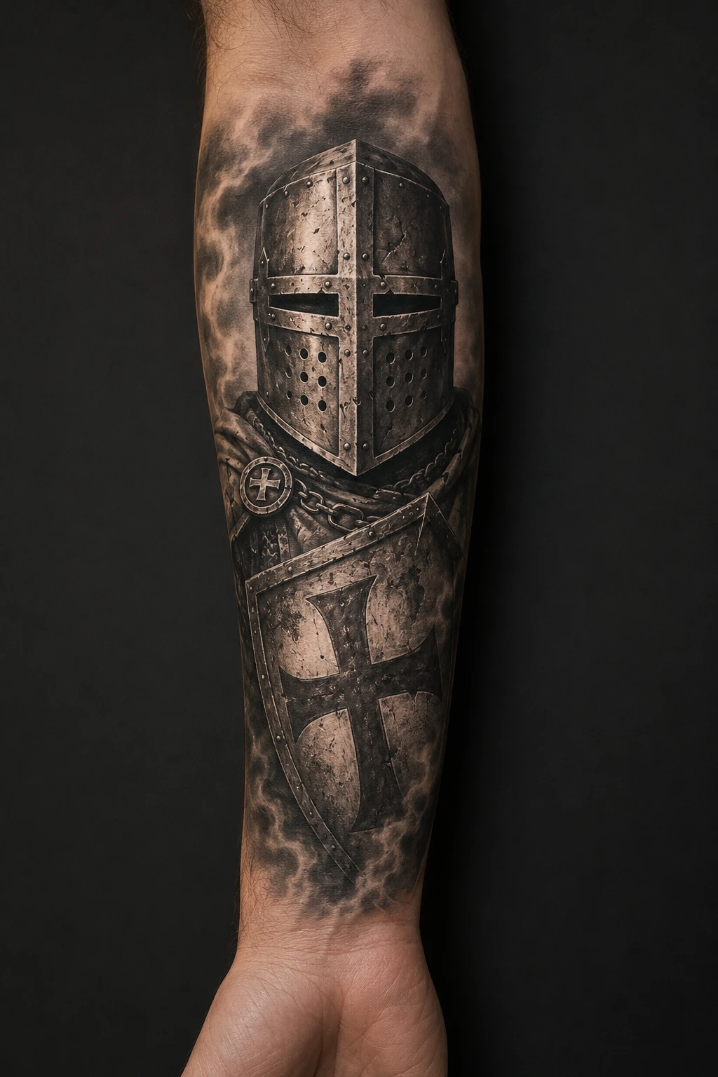Riveted crusader great helm above a chained cross shield in smoke