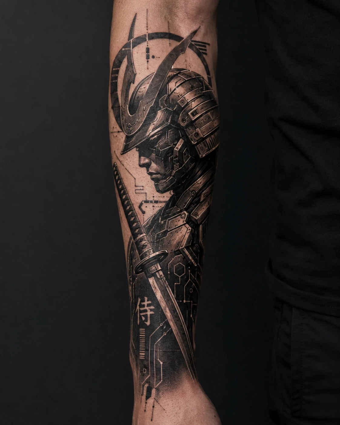 Cyber samurai beside a katana, angular circuitry and the Japanese character for samurai.