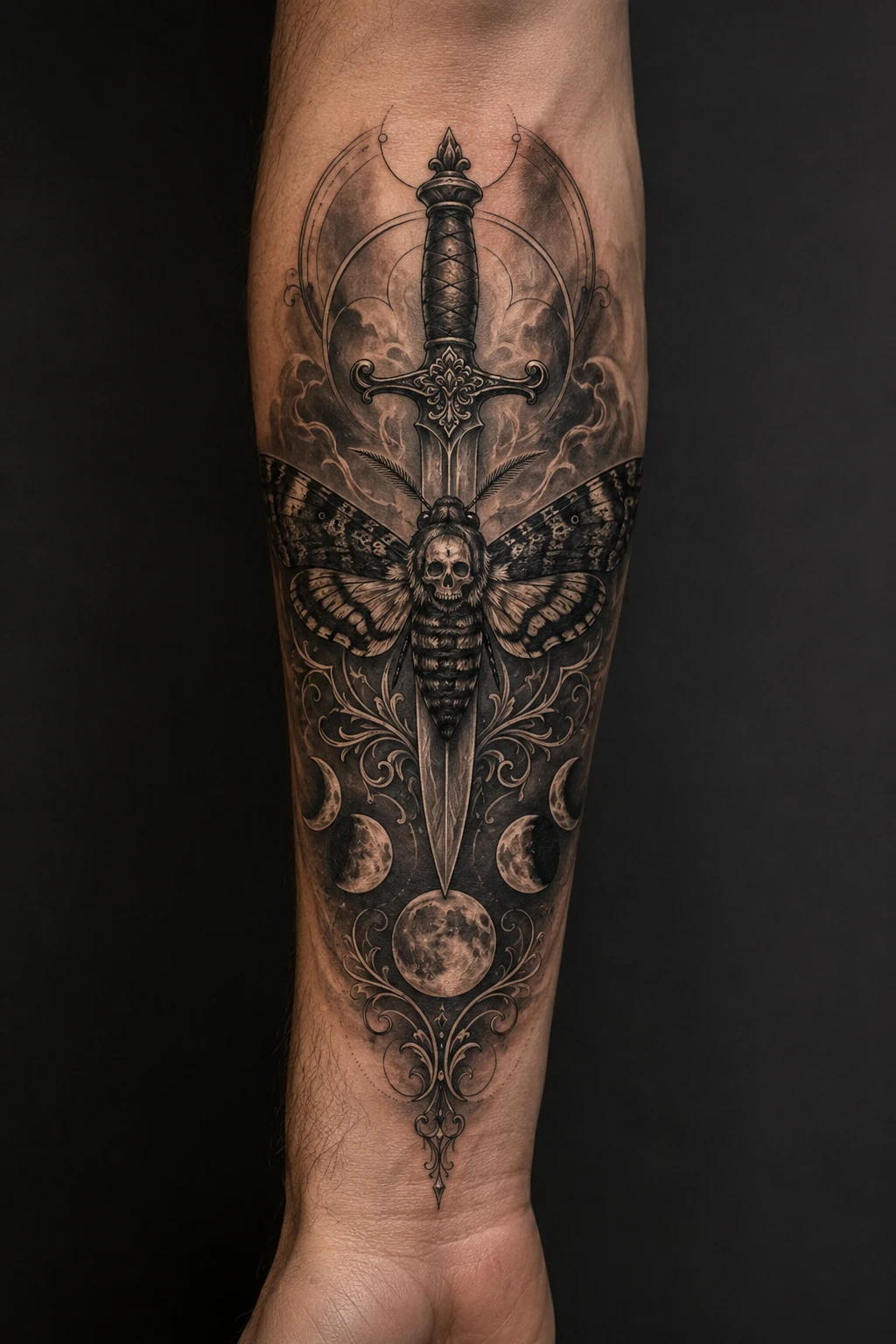 Death's-head moth around a vertical dagger and crescent moons