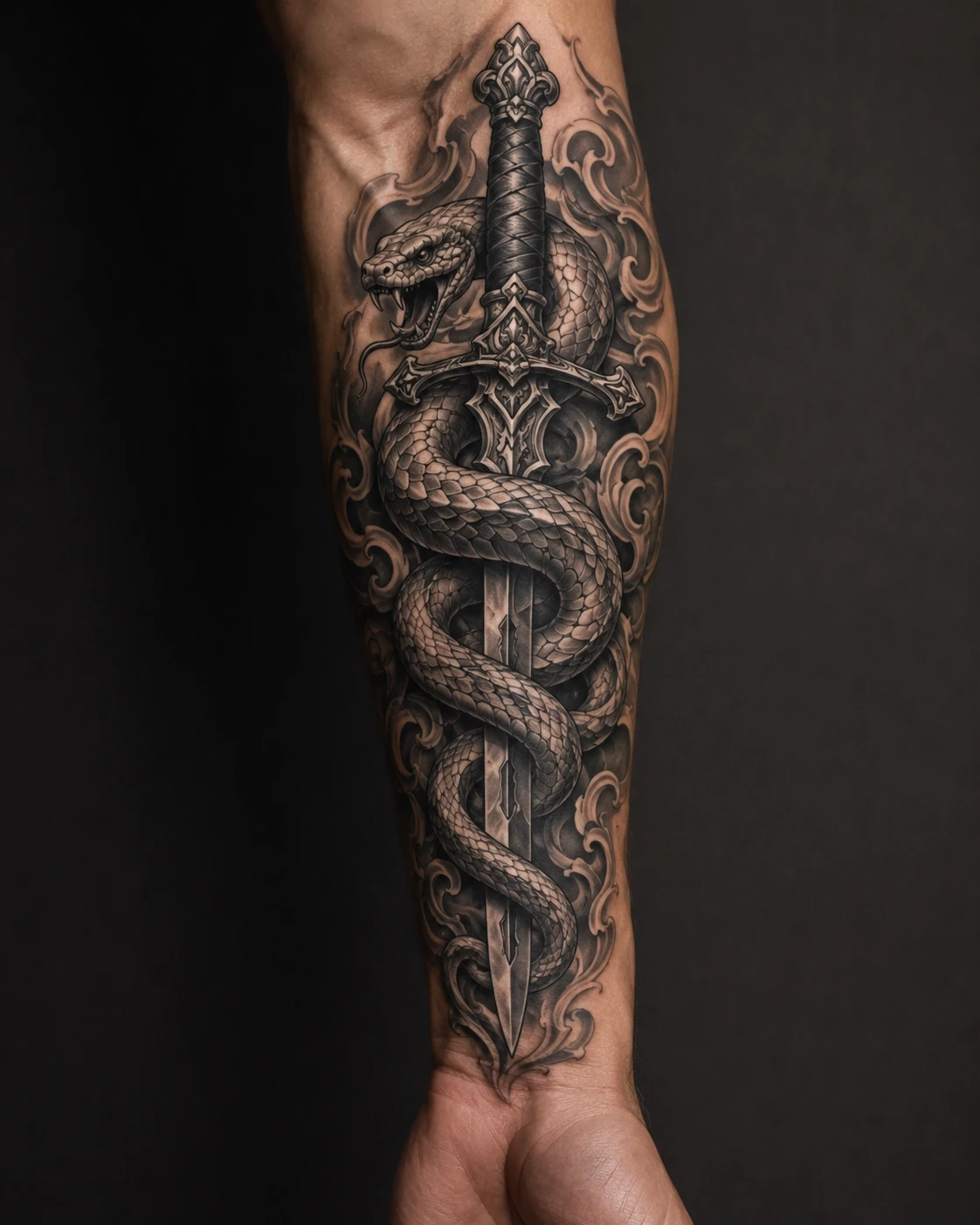 Scaled dragon coils tightly around an upright sword with spread wings and sharp metallic detail.