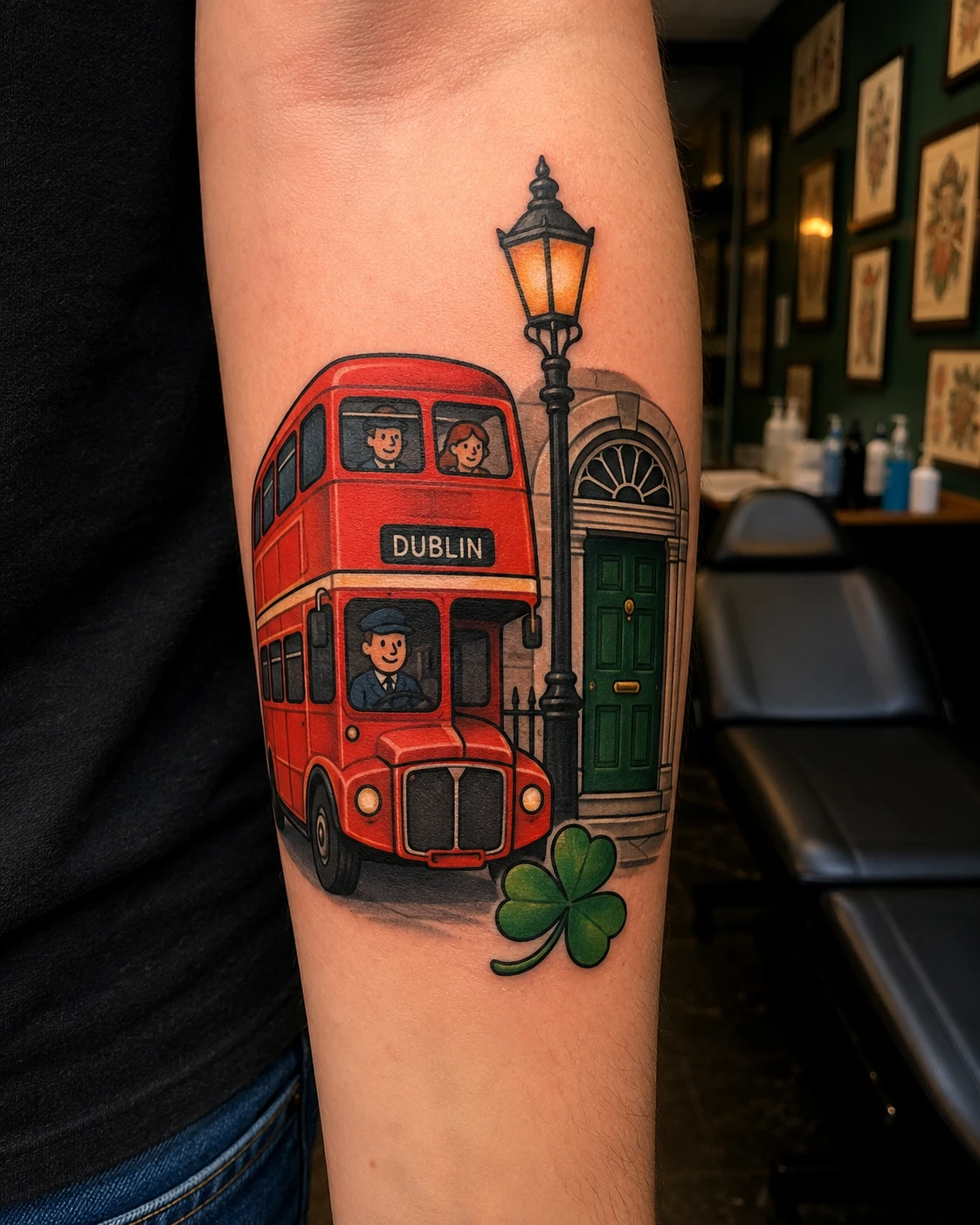 Colour forearm tattoo of a Dublin bus, green doorway, lamppost and shamrock.