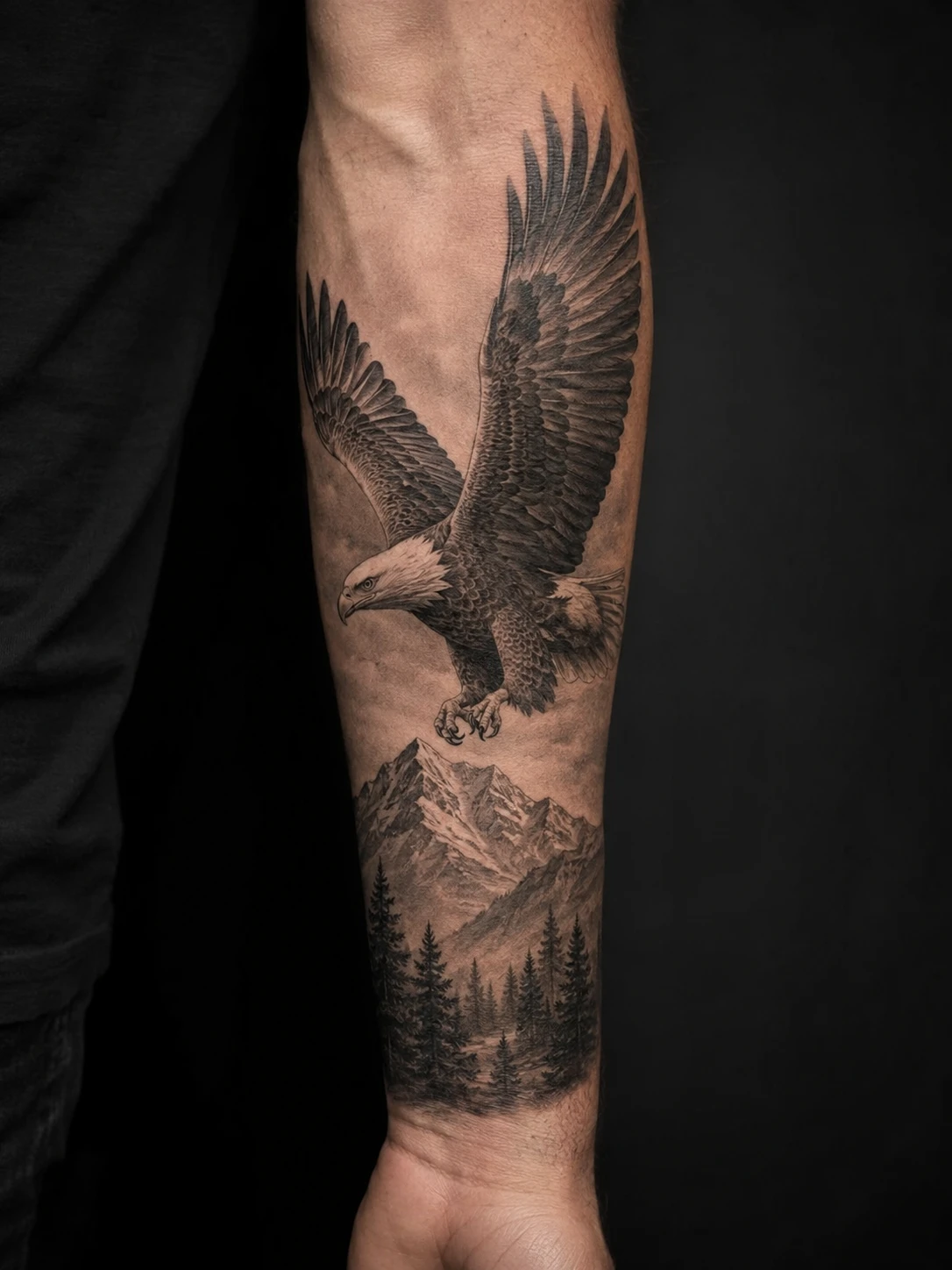 Flying eagle above mountains and pine forest tattoo on forearm