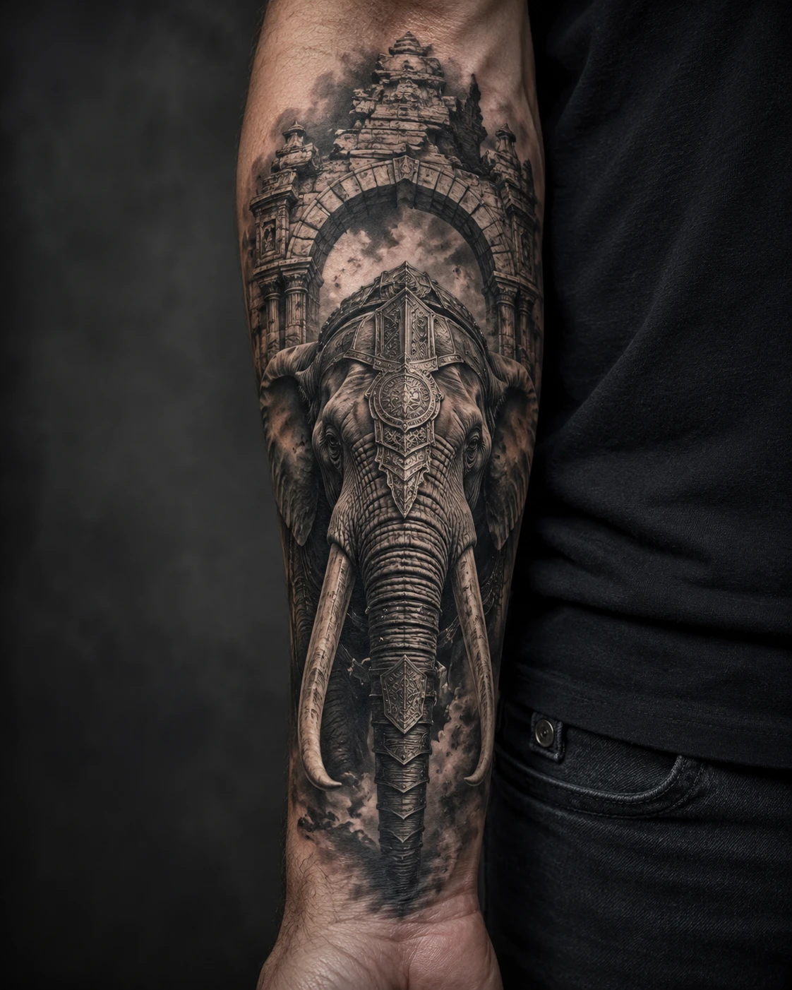 Armoured elephant beneath an elaborate stone temple gateway.