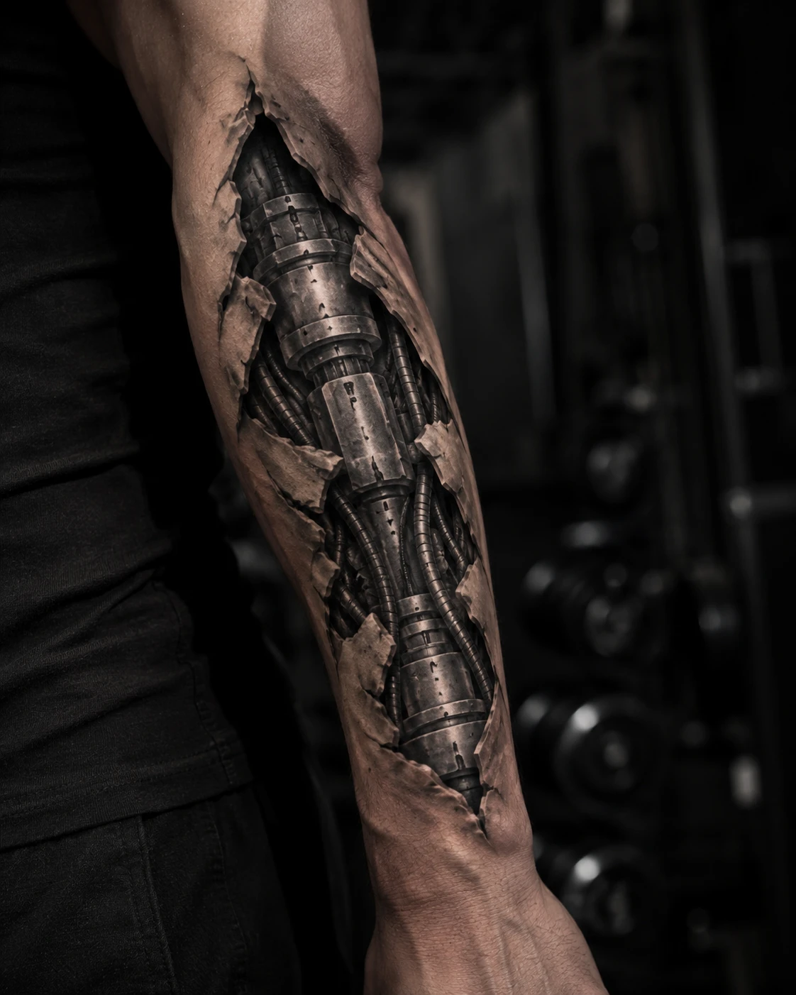 Exposed mechanical cylinders and steel shells beneath torn forearm skin