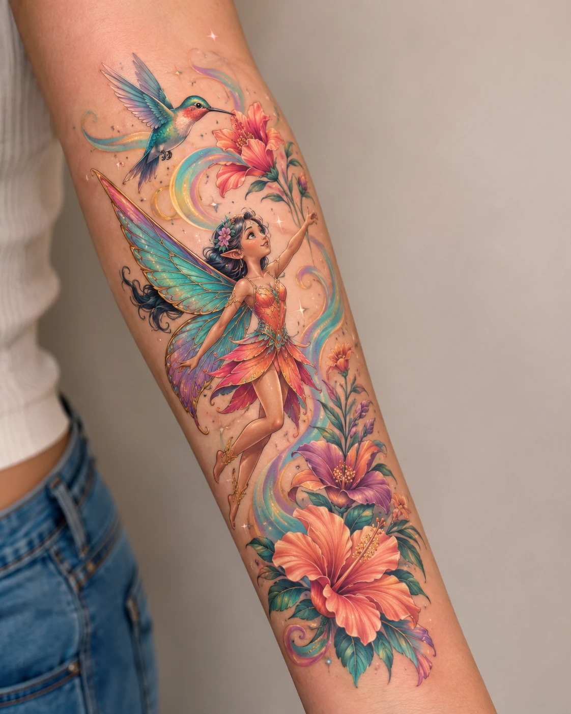 Single turquoise hummingbird flies above a flower-framed fairy.