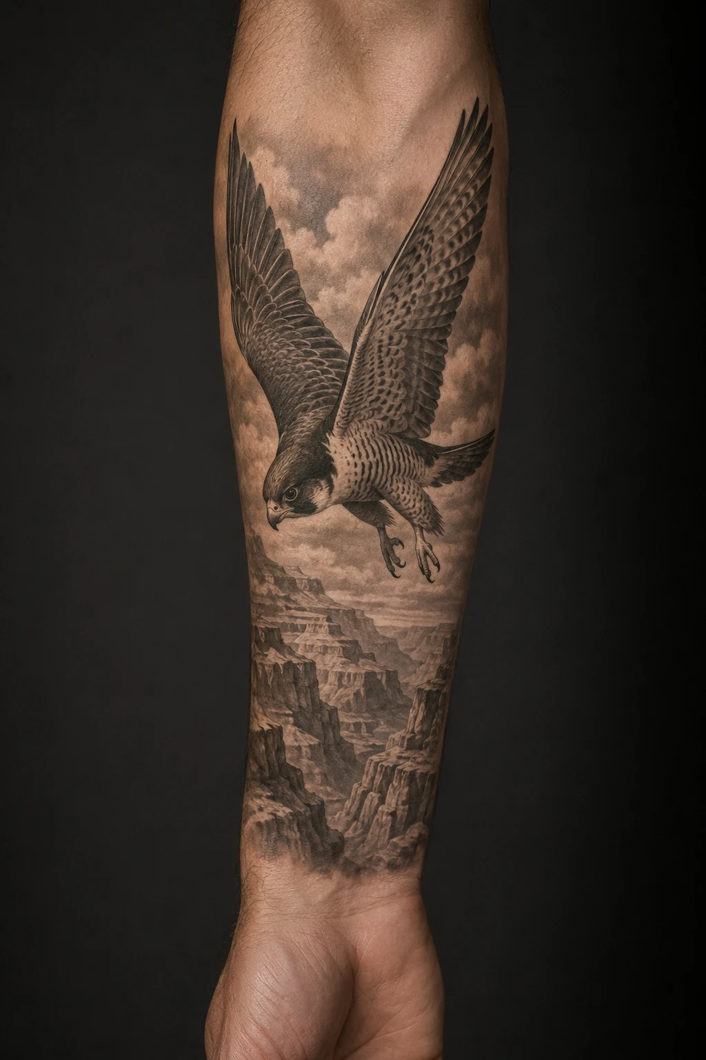 Powerful falcon spreads its wings over layered canyon cliffs, winding water and open western sky.