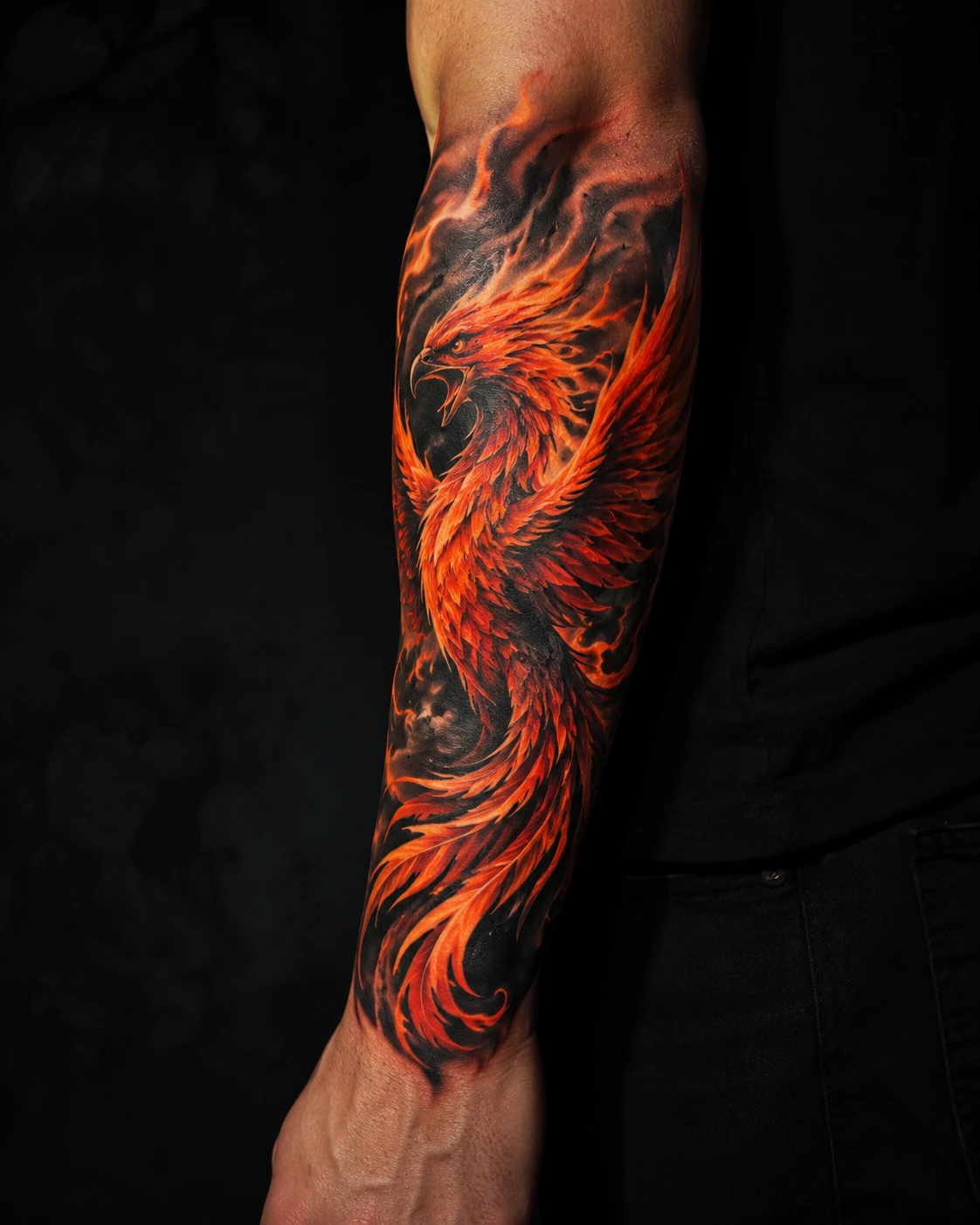 Orange and red fiery phoenix tattoo across the forearm