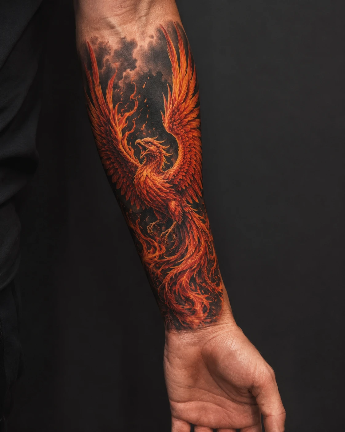 Fiery orange phoenix with spread wings and curling flame-like tail.