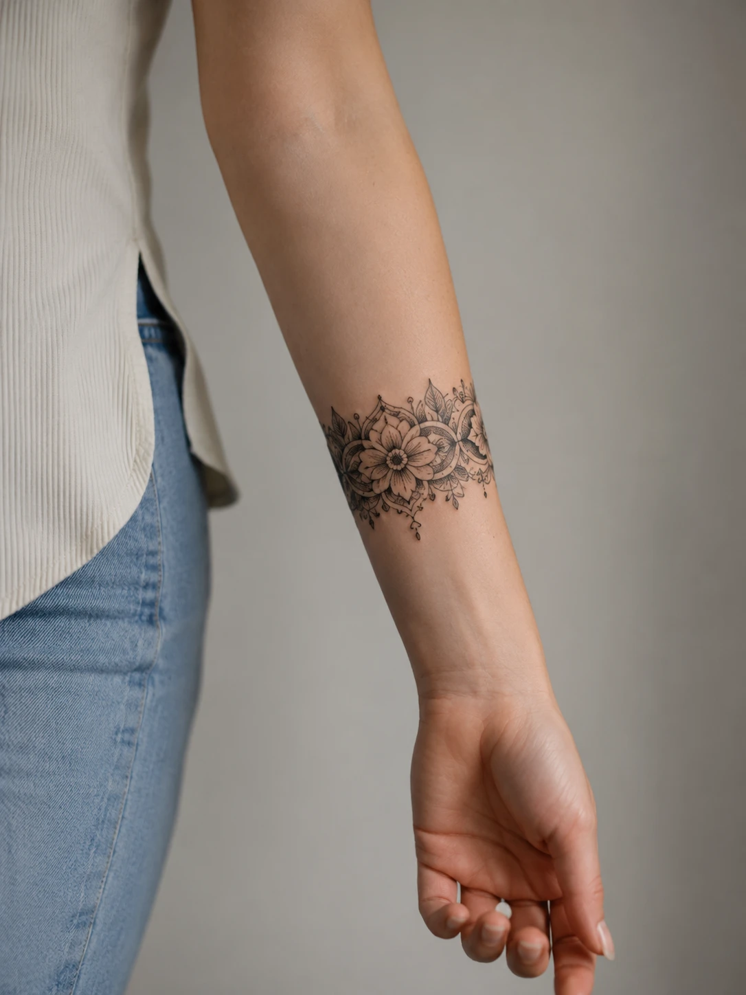 Narrow lace band around the lower forearm with a central open bloom and hanging drops