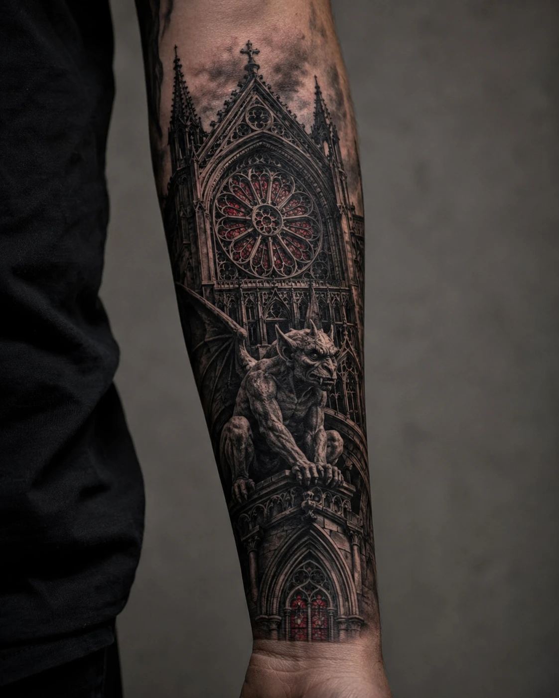 Forearm tattoo of a stone gargoyle on a Gothic cathedral with red window accents.