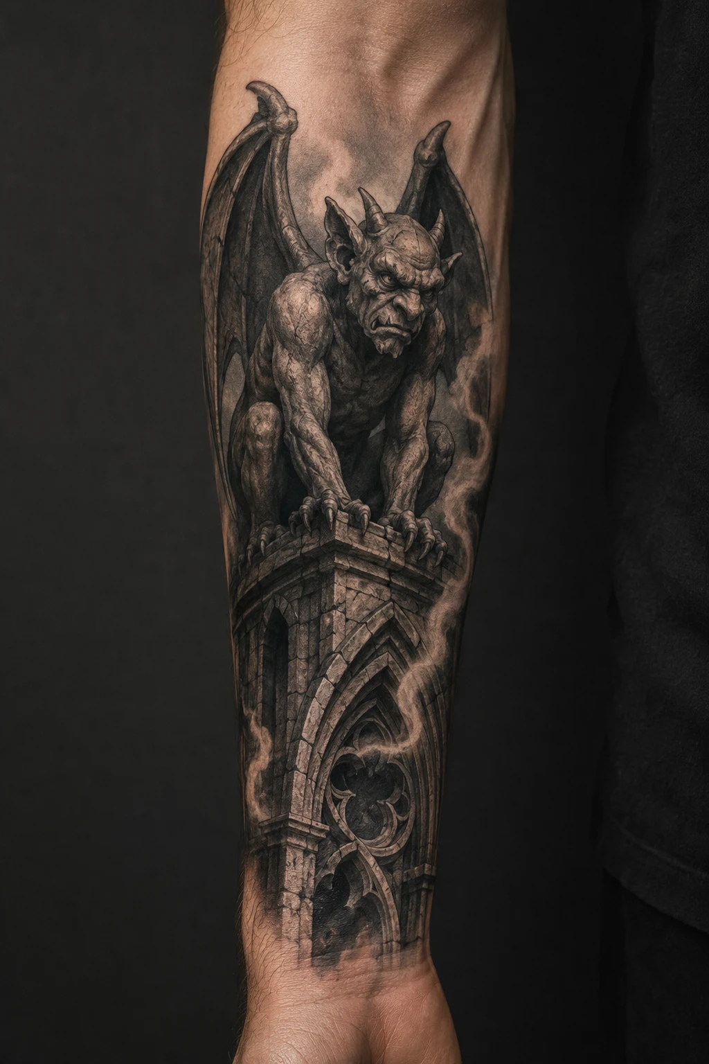Horned stone gargoyle crouching on a cracked Gothic arch