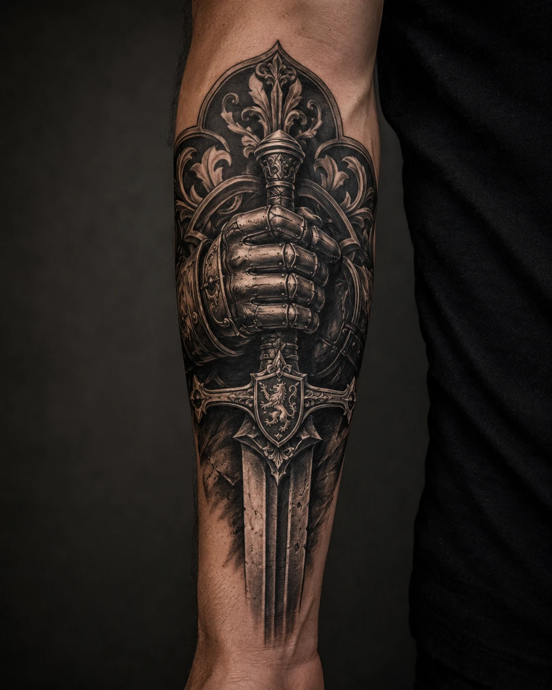 Armoured gauntlet closes around a broad sword hilt with scratched steel and forceful diagonal motion.