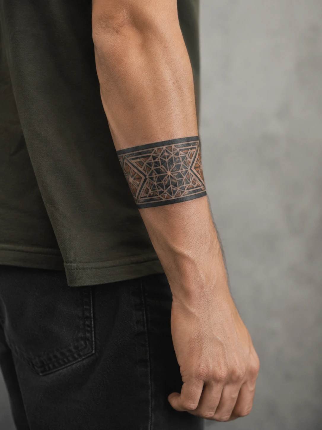 Armband of two heavy black rails enclosing a fine six point rosette, on a forearm