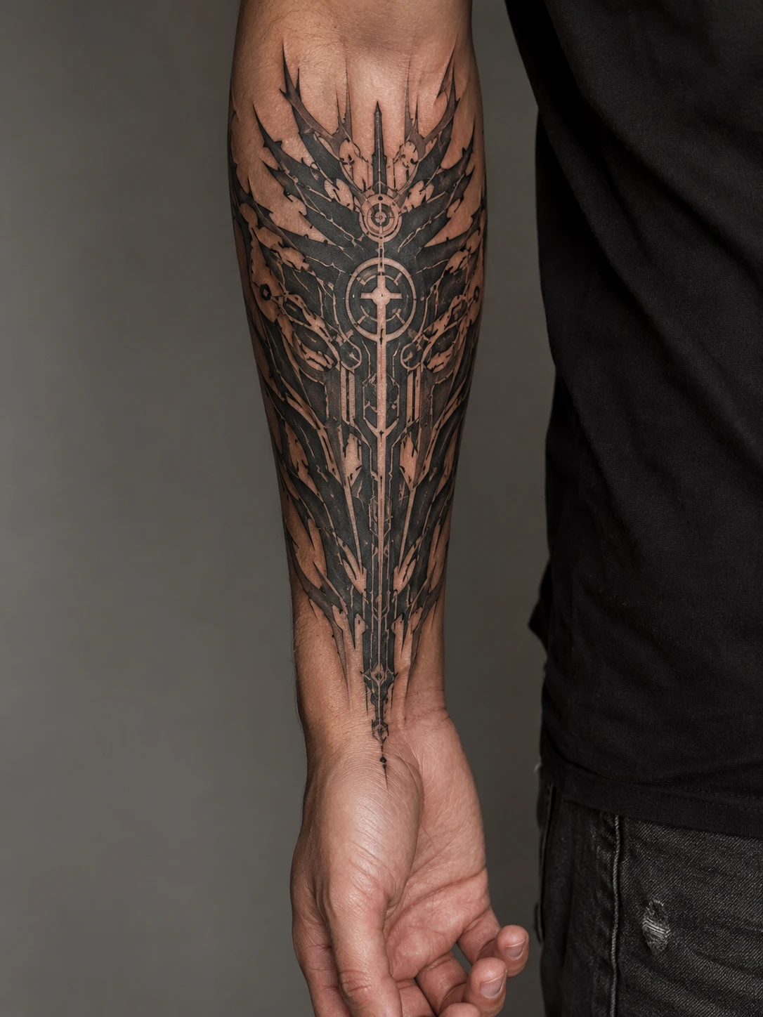 Angular blackwork crest with a central cross and sword-like spine.
