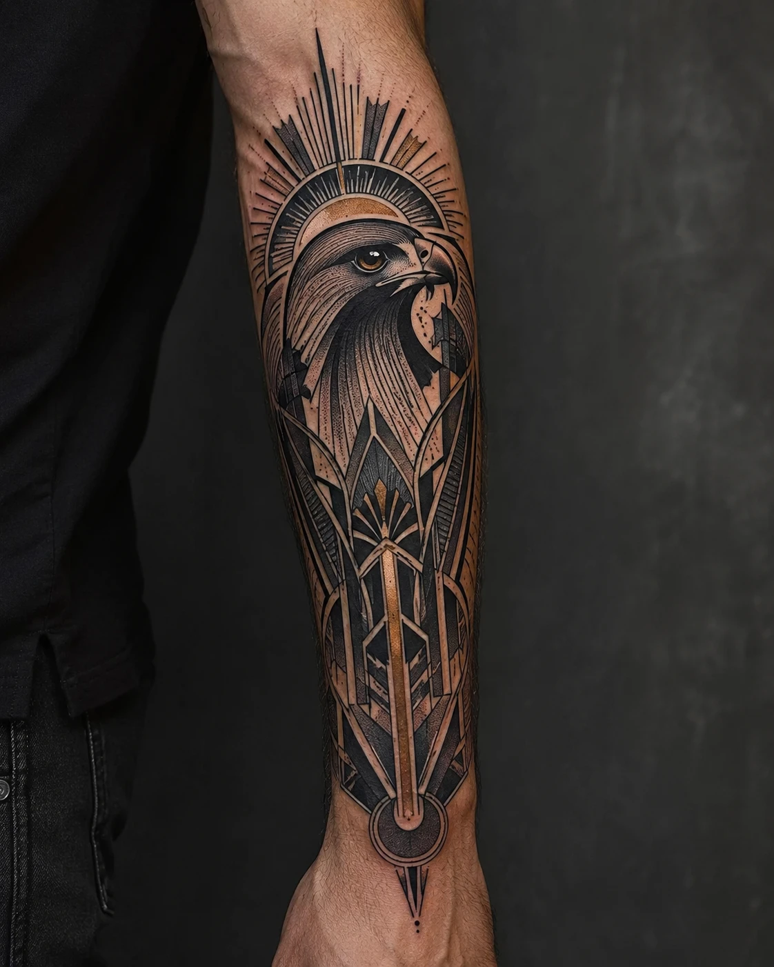 Falcon head in black and bronze Art Deco rays and panels.