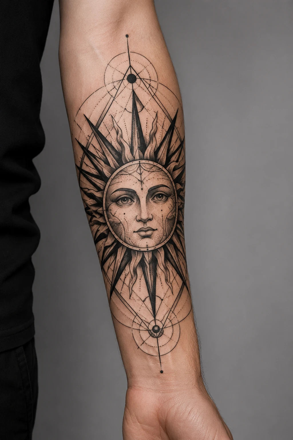 Geometric sun face tattoo with circles and pointed rays on forearm