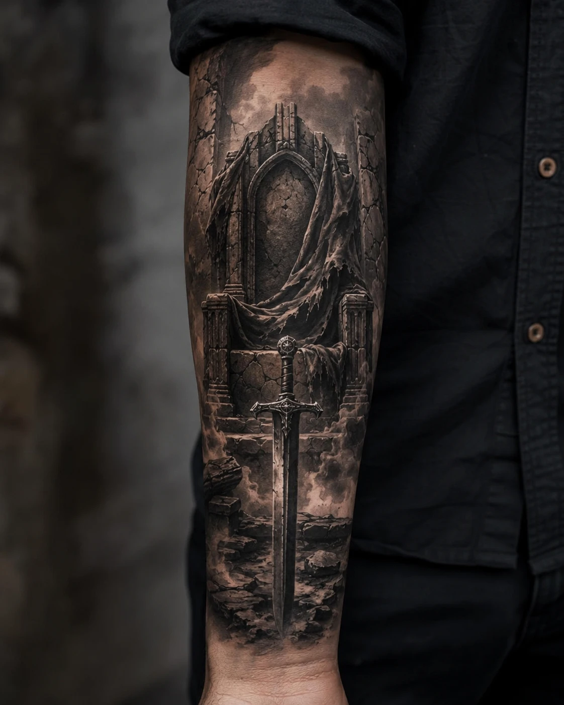 Tall Gothic sword rises from a stone tomb.