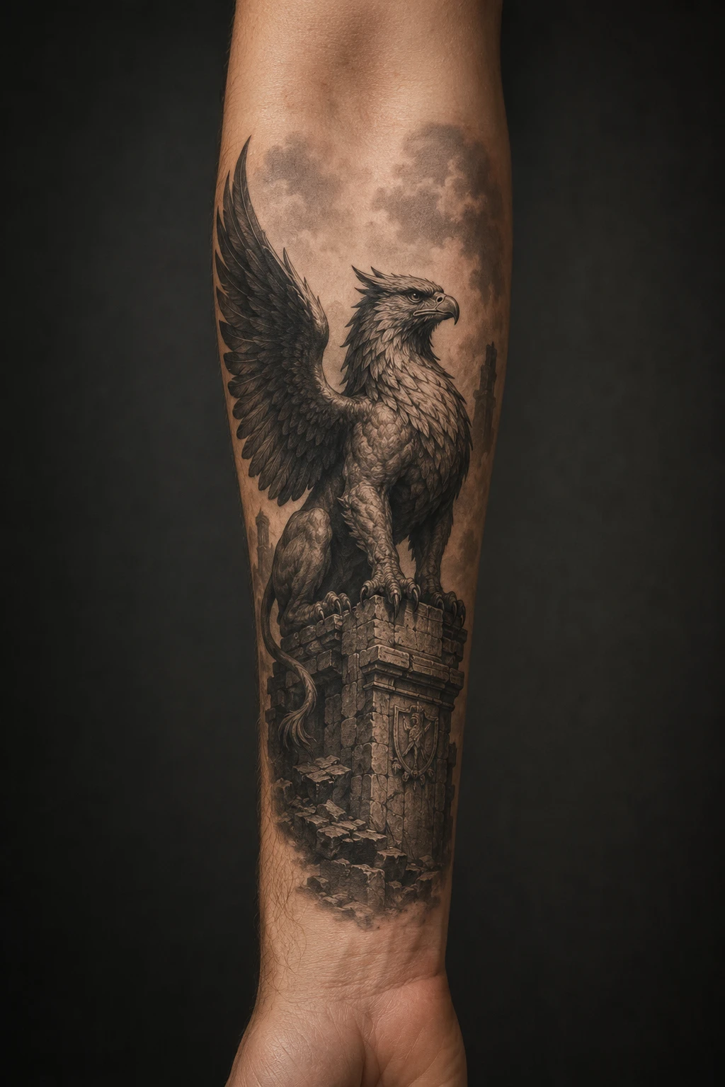 Winged griffin perched above a ruined stone tower on the forearm