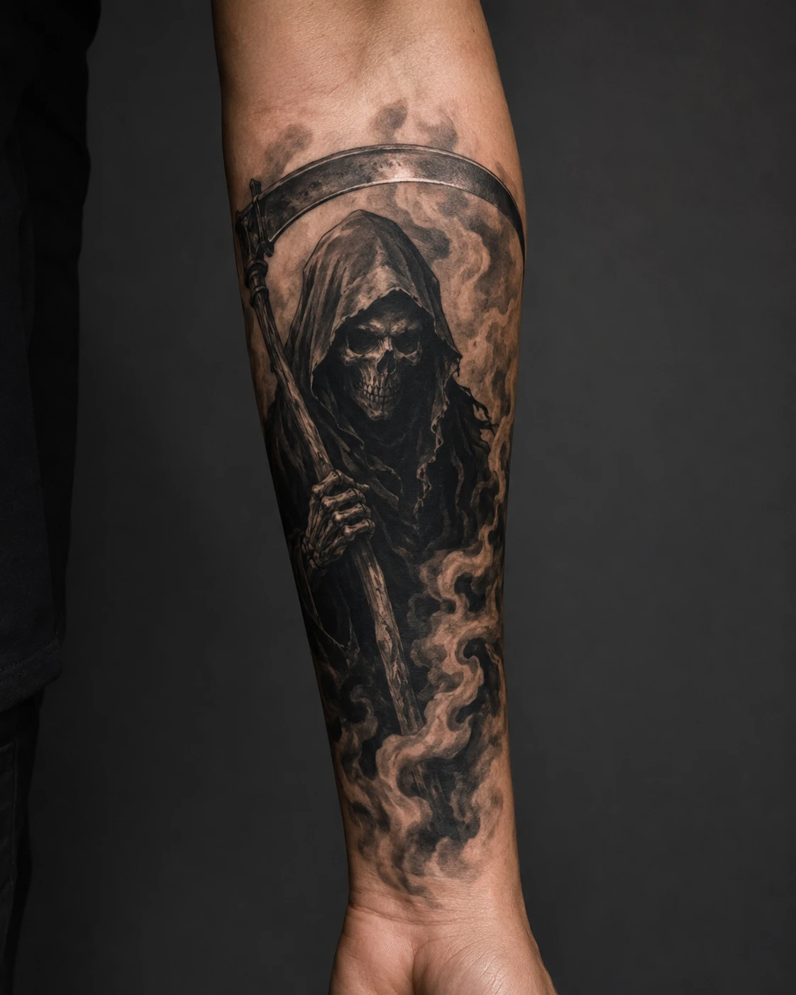 Grim Reaper skull beneath a hood, holding a curved scythe.