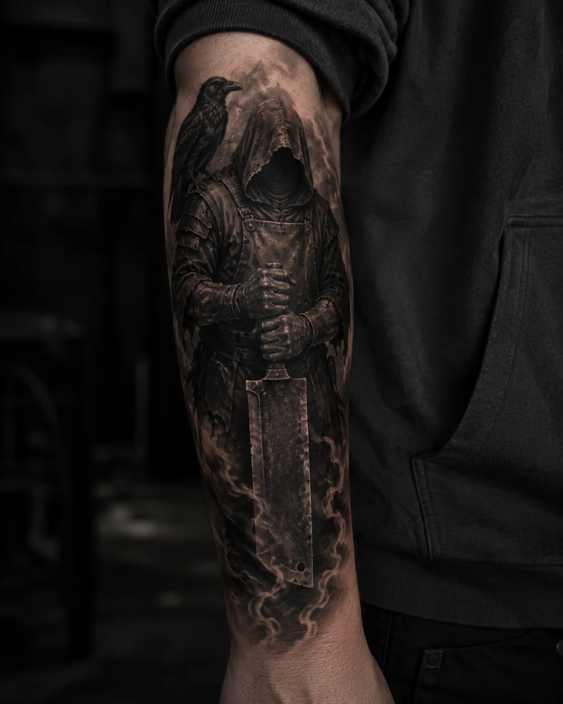 Hooded armoured figure holding a broad blade beside a raven.