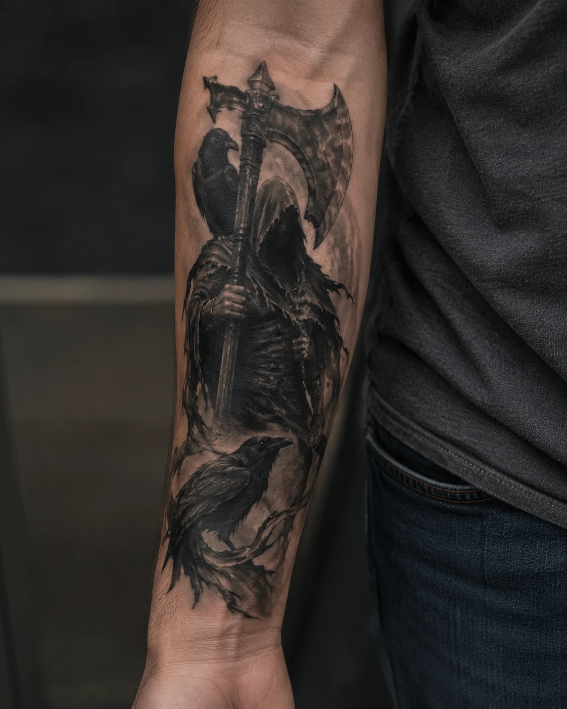 Hooded reaper holding an axe with circling ravens and smoke