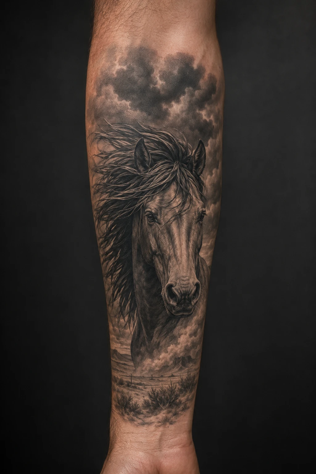 Windswept horse portrait in storm clouds tattoo on forearm