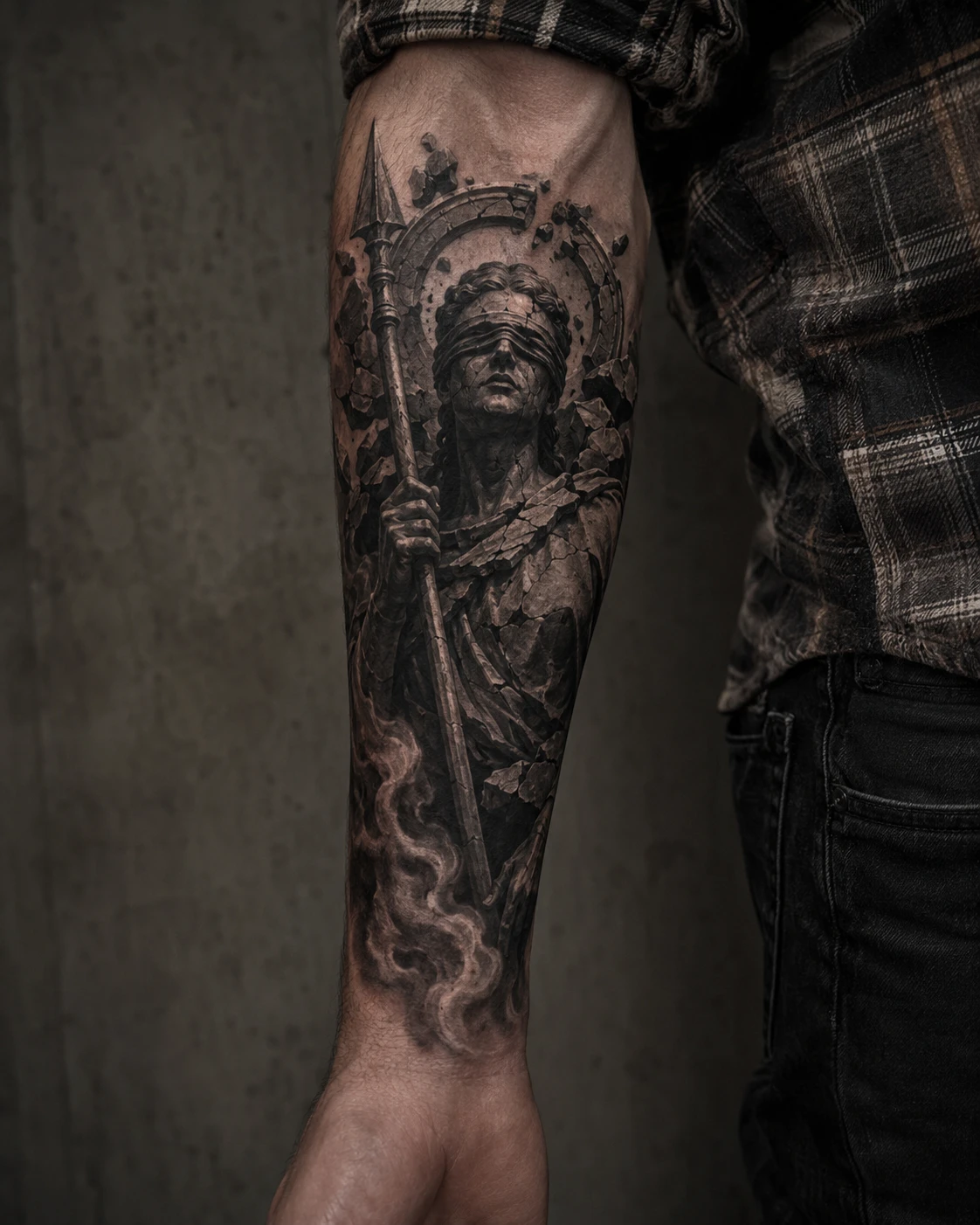Indigenous warrior portrait beneath feathers and circular ornaments