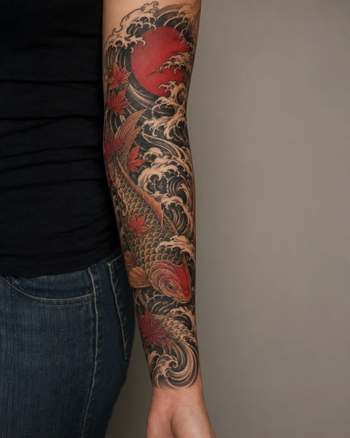 Koi driving upward through curling waves with red maple leaves and a flat red sun disc, wrapping a forearm