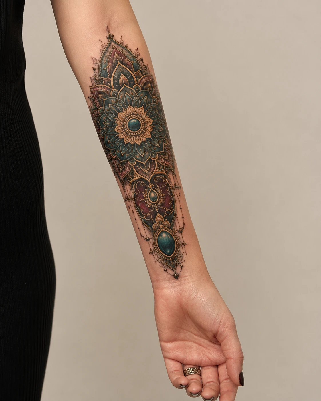 Layered mandala petals radiate around jewel toned accents and precise ornamental linework.