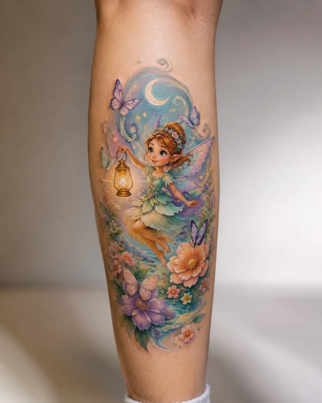 Winged fairy holding a lantern beneath a blue crescent moon