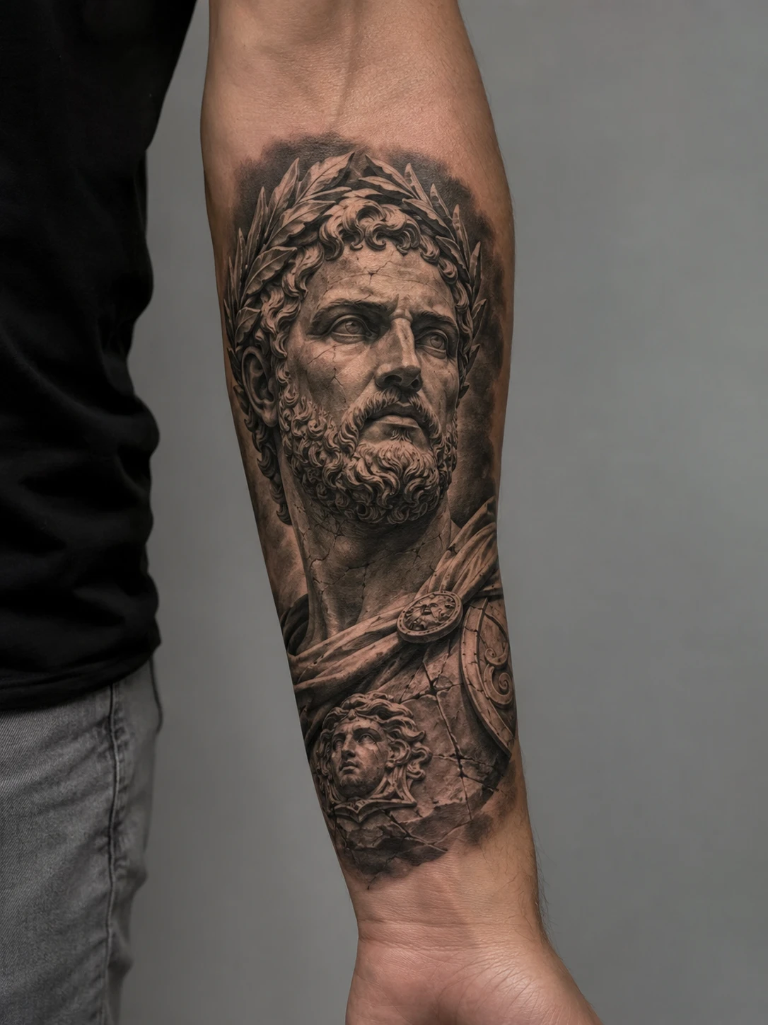 Laurel-crowned classical marble figure and carved portrait on forearm