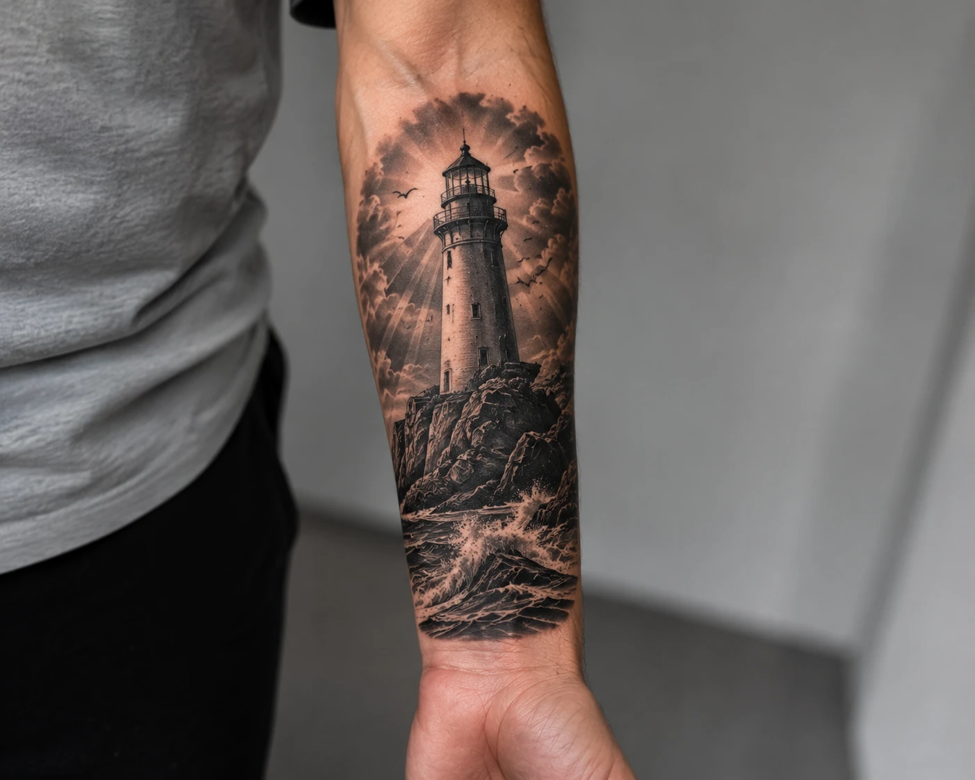 Lighthouse beam above rocky storm sea tattoo on forearm