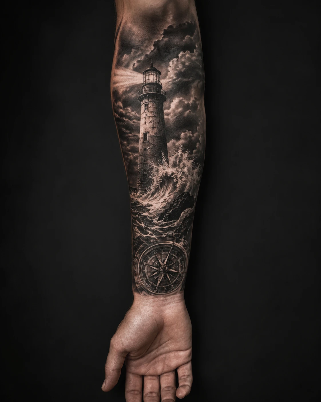 Lighthouse in towering storm waves above a wrist compass rose