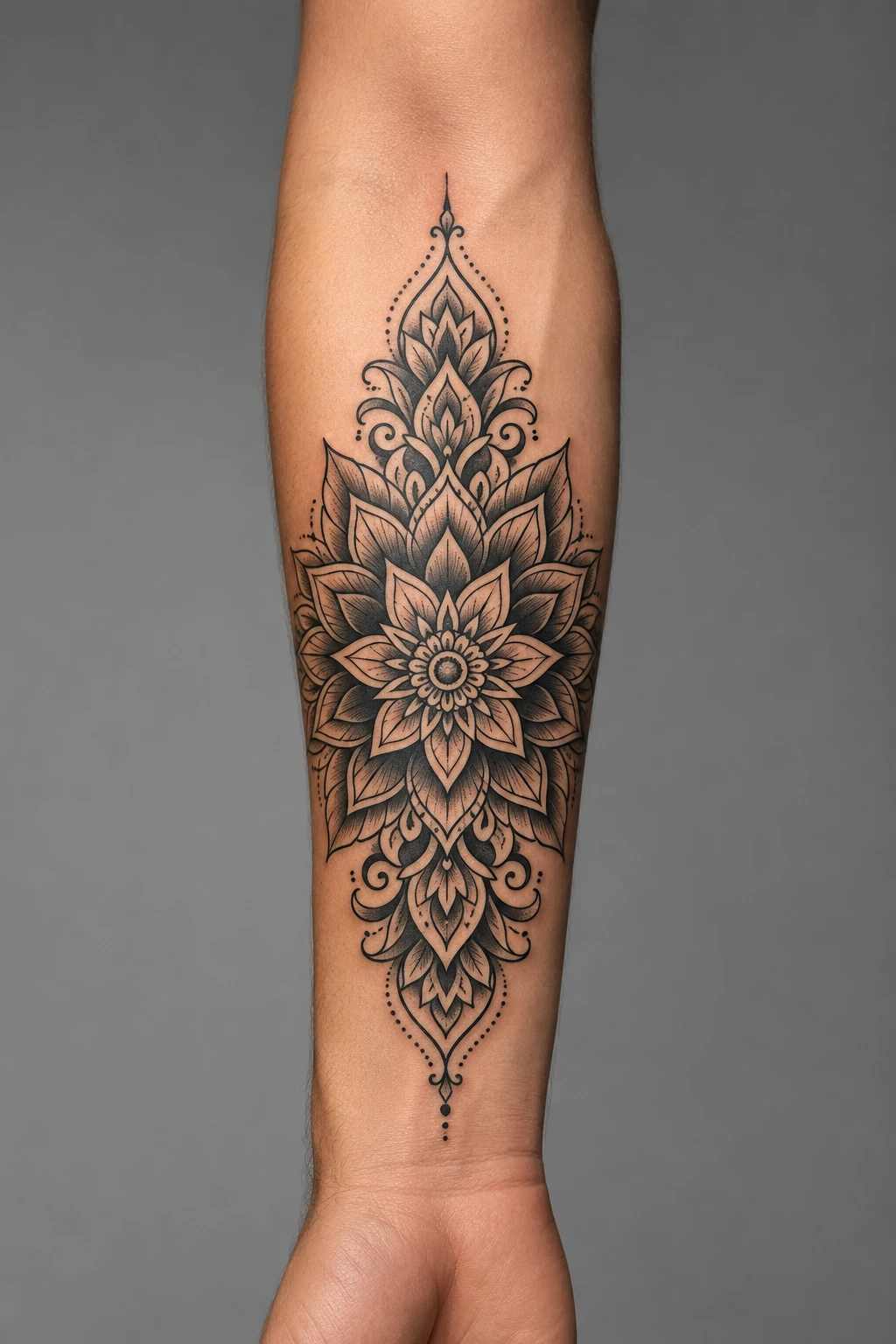 Lotus petals unfold into a balanced mandala with fine dot shading and suspended ornamental details.