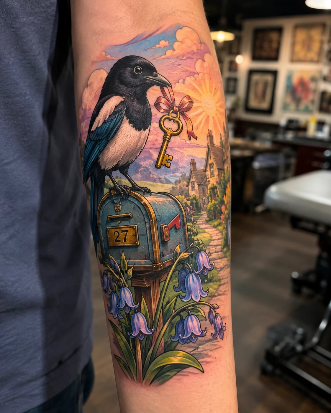 Colour forearm tattoo of a magpie, key, mailbox 27, bluebells and cottage path.