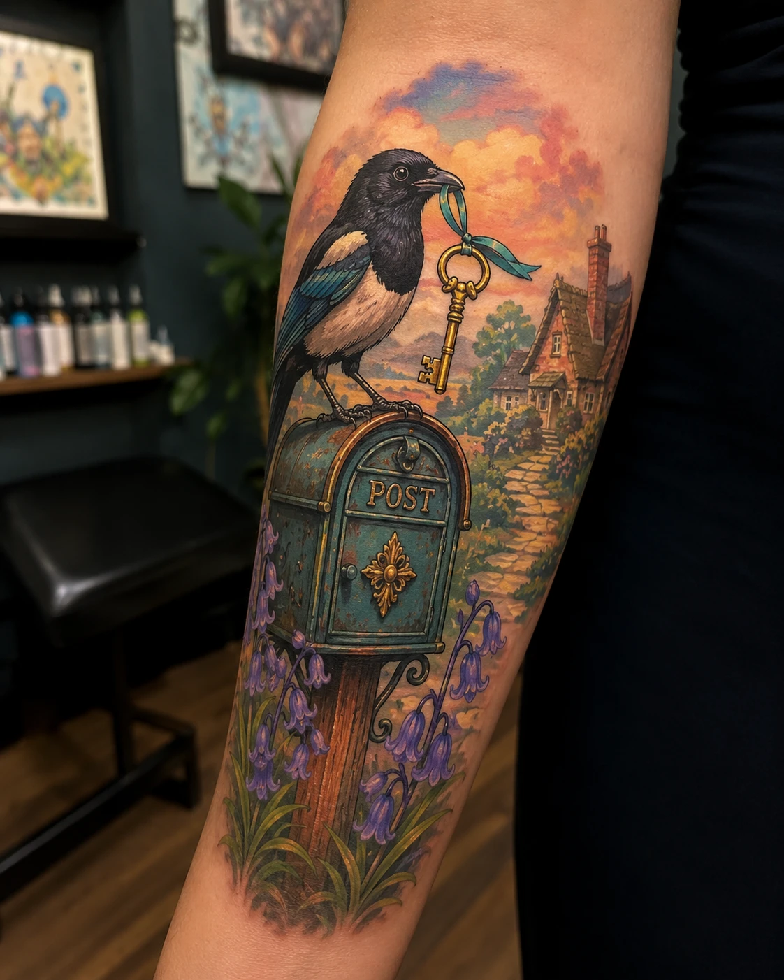 Magpie holding key above country postbox tattoo on forearm