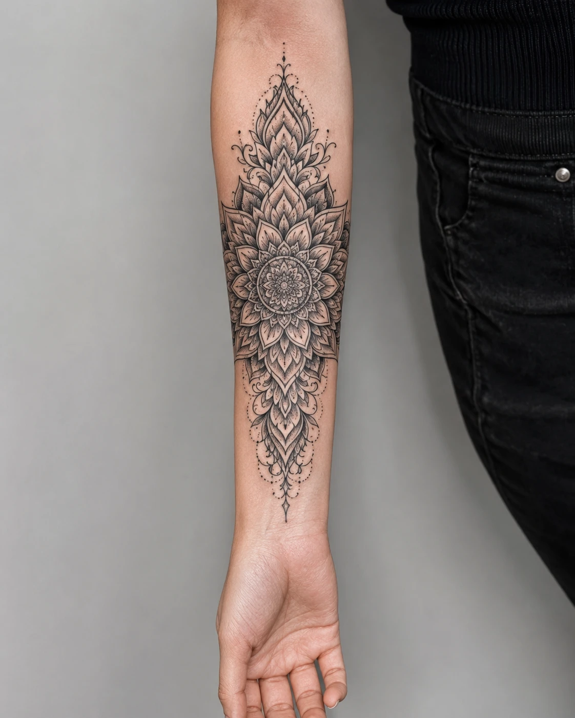 Dense mandala rosette in a long symmetrical panel tapering to fine points at elbow and wrist, on a forearm